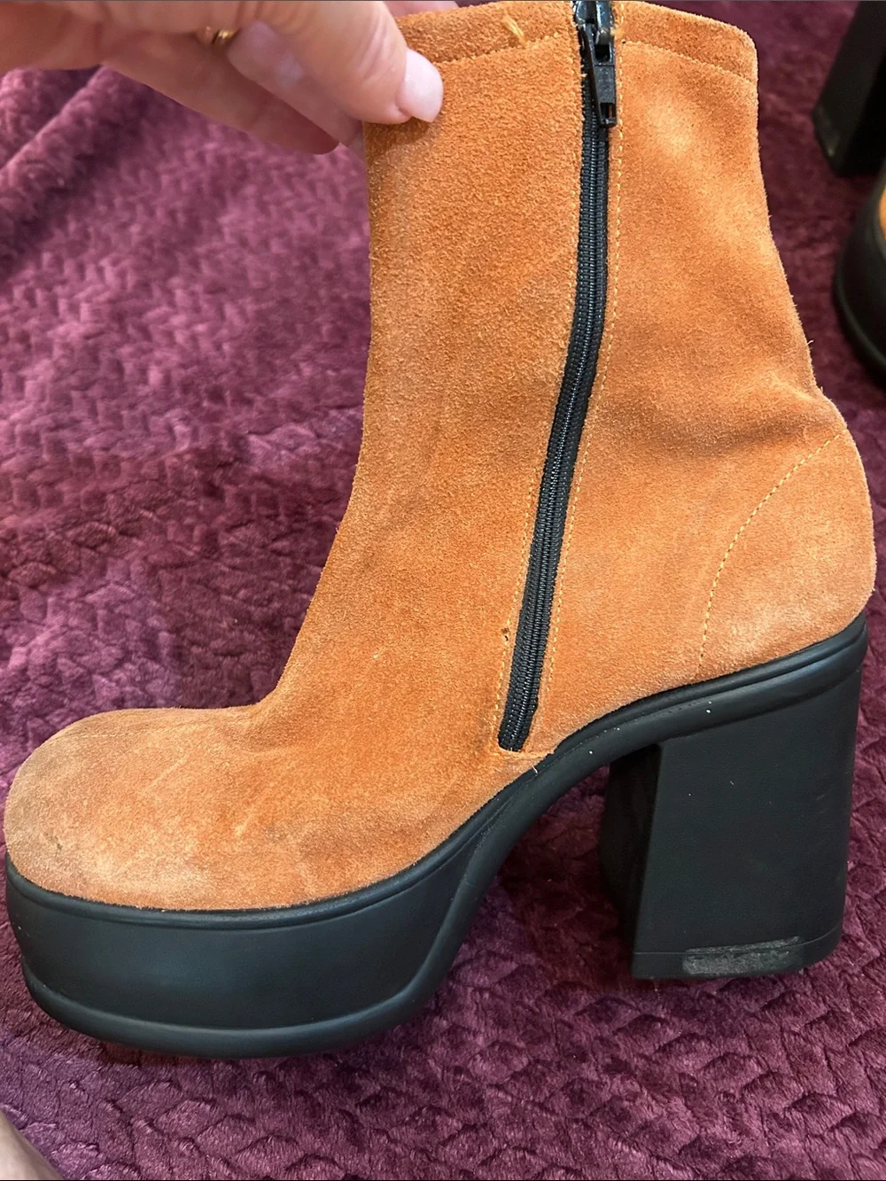 Halloween - Vintage Orange Suede Platform Ankle Boots with Pink Flower Accent